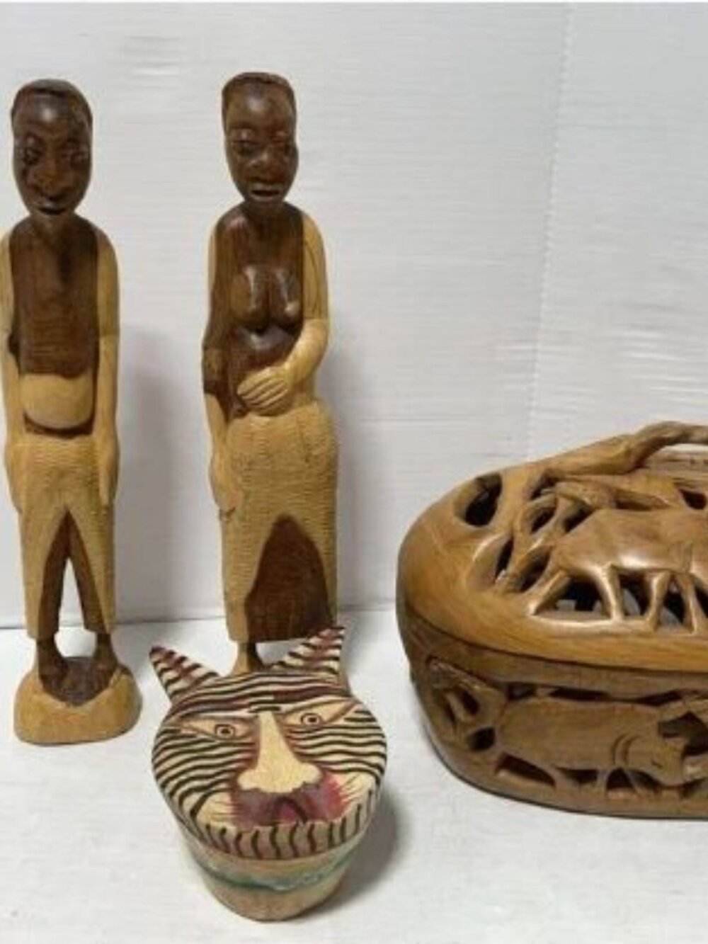 Vintage Wood Wooden Tribal African Figures and Hand Carved Trinket Boxes